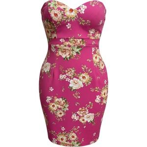 (A4) Curvy‎ Sense Fuchsia Floral Strapless Sweetheart Dress 2X Pink Bodycon Slit